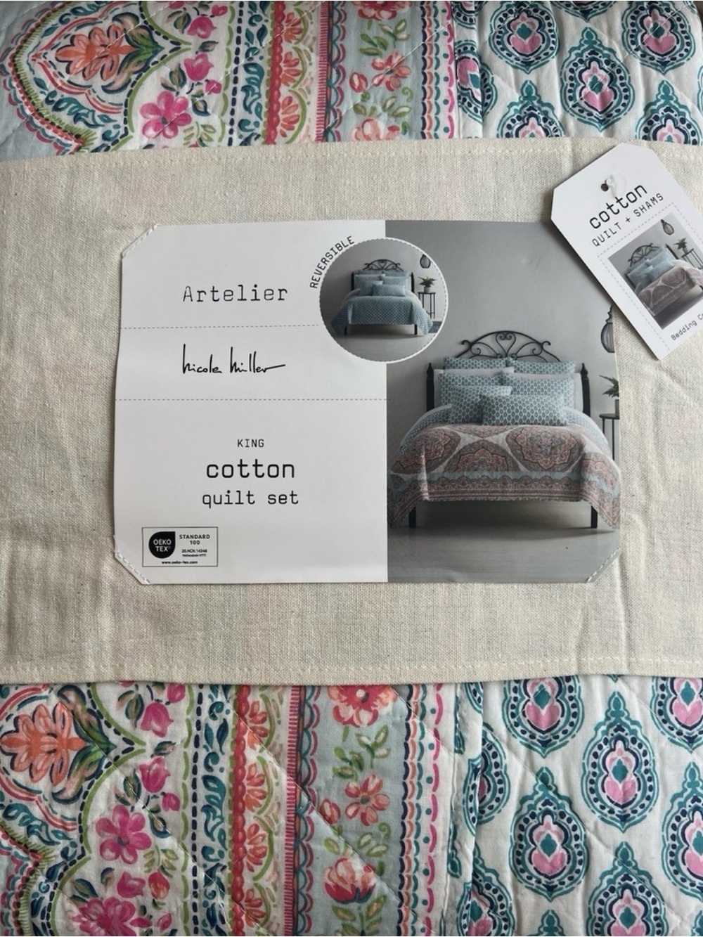 King Cotton Quilt Set - Pink, Teal & White